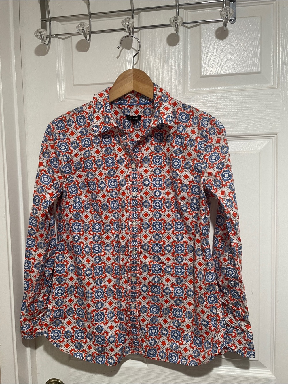 Bright Geo-Print Women Button-Up Shirt - Orange Tan Blue